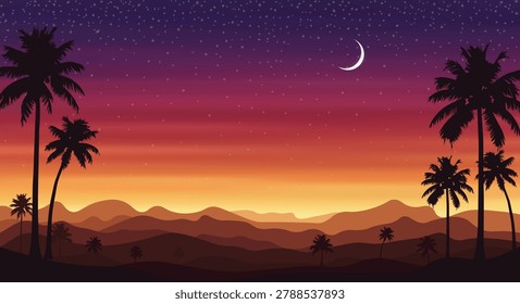 Tropical sunset landscape with palm tree silhouettes, crescent moon, starry sky, and layered mountains, useful for travel posters, resort banners, wallpapers, and summer designs.