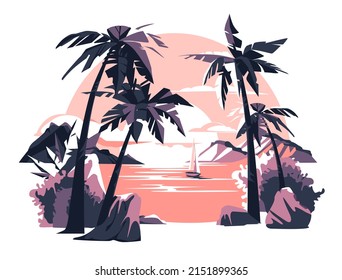 tropical sunset landscape. Purple and pink colors. Flat vector illustration