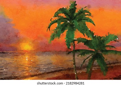 Tropical sunset landscape vector illustration. Dawn on the coast. Dusk on the beach. Vacation dreaming picture. Watercolor style art. Colorful drawing for design or greeting card.