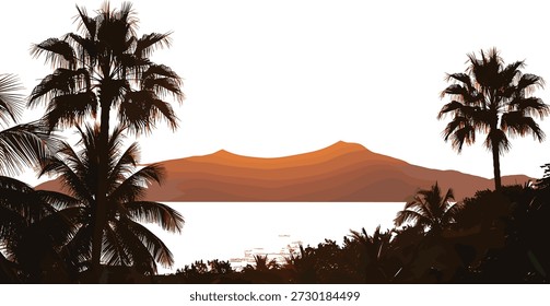 Vector tropical del paisaje de la puesta del sol con las palmeras silueteadas, la cordillera, la reflexión del agua, y el resplandor anaranjado caliente