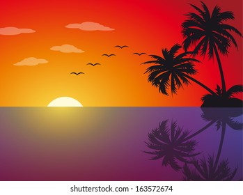 Palm Tree Orange Sunset Sea Vector Stock Vector (Royalty Free ...