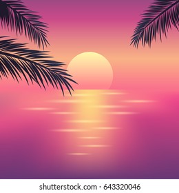 Tropical sunset on the ocean with palm trees. Summer background. Vector illustration for design of poster, invitation flyer or web banner design