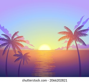 Tropical sunset over ocean line vector illustration. Purple and orange colors summer beach landscape background