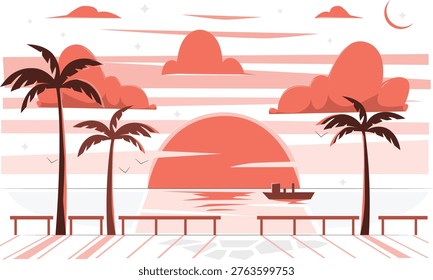 Tropical sunset over the ocean with palm trees and a boat beach