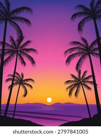 Tropical sunset over the ocean with silhouette of palm trees, vibrant purple and orange gradient sky