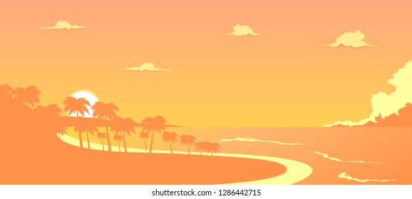 tropical sunset over palm beach, vector ocean illustration