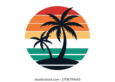 Ícone de palmeira tropical do pôr do sol - Ilustração de praia vintage