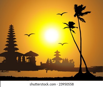 Tropical sunset, palm tree silhouette