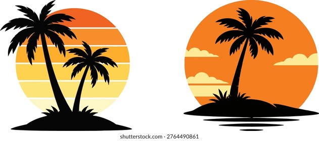 Tropical Sunset Palm Tree Silhouette With Retro Sun And Island Beach Vector