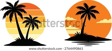 Tropical Sunset Palm Tree Silhouette With Retro Sun And Island Beach Vector