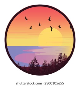 tropical sunset with palm tree summer party logo vector