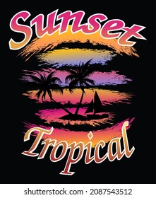 Tropical sunset, palm tree, yacht, text, beautiful color drawing, great gift, vector. 