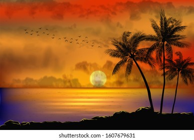 A Tropical Sunset with Palm Trees