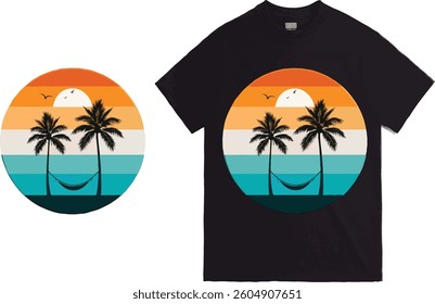 Tropical Sunset Palm Trees Hammock Graphic Tee Design