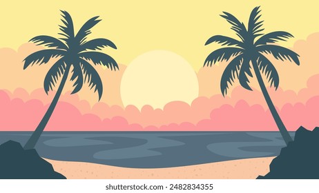 Tropical Sunset with Palm Trees on a Beach. Vector illustration in flat style