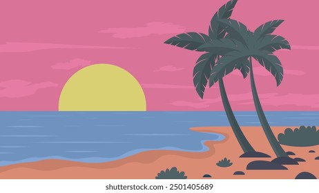 Tropical Sunset with Palm Trees on a Beach. Vector illustration in flat style
