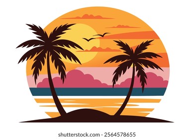 Tropical Sunset with Palm Trees on a Beach Vector Illustration.Beautiful tropical sunset vector featuring palm trees on a serene beach, perfect for digital designs, posters, and web projects.