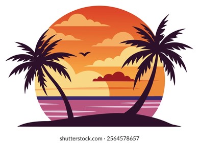 Tropical Sunset with Palm Trees on a Beach Vector Illustration.Beautiful tropical sunset vector featuring palm trees on a serene beach, perfect for digital designs, posters, and web projects.