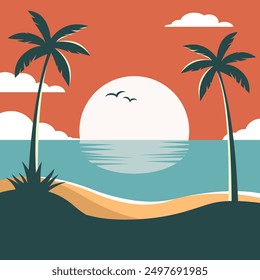 tropical sunset with palm trees and sea