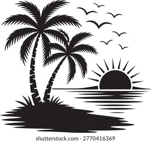 Tropical sunset with palm trees and seagulls over ocean