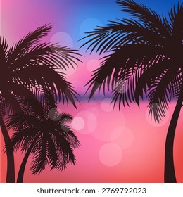 Tropical sunset with palm trees silhouette gradient background. Beautiful tropical sunset illustration with palm tree silhouettes against a vibrant gradient sky. Perfect for summer backgrounds, travel design, posters, wallpapers, and vacation concepts. Retro inspired aesthetic with calm evening mood.