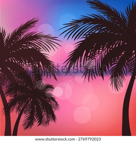 Tropical sunset with palm trees silhouette gradient background. Beautiful tropical sunset illustration with palm tree silhouettes against a vibrant gradient sky. Perfect for summer backgrounds, travel design, posters, wallpapers, and vacation concepts. Retro inspired aesthetic with calm evening mood.