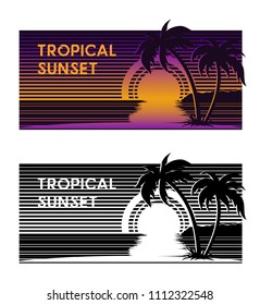 Tropical sunset with palm trees. Stylized vector banner with sunset on the beach in color and monochrome version.