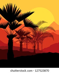 Tropical sunset palm trees vector background