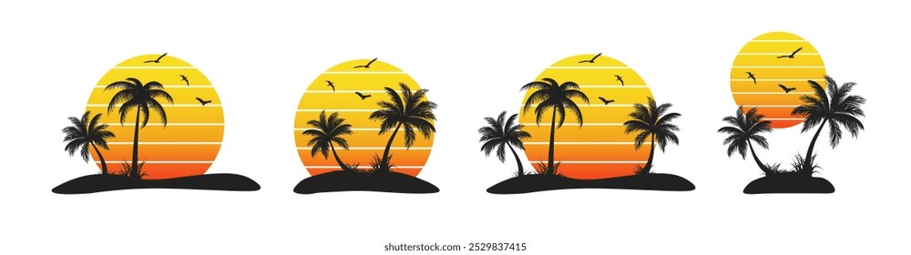 Tropical sunset with palm trees vector illustration, Retro and vintage summer vibes t-shirt design with palm tree
