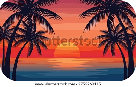 Tropical Sunset with Palm Trees - Vibrant Coastal Illustration