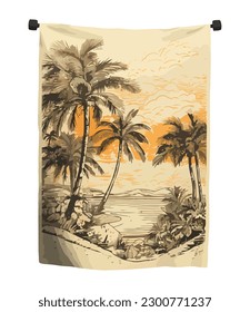 Tropical sunset, palm trees and waves crashing icon isolated