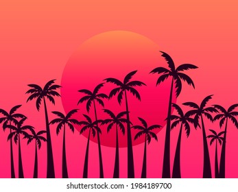 Tropical sunset and palms   gradient sun in 80s style  Design for advertising brochures  banners  posters  travel agencies  Vector illustration