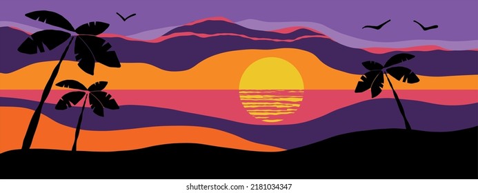 tropical sunset with palms vector landscape, digital background