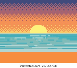 Tropical sunset pixel style. Landscape background. Vector illustration.