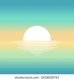 Tropical sunset pixel style. Landscape background. Vector illustration.