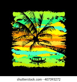 tropical sunset with reflected palms in the water and fishing boat