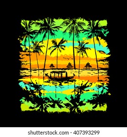 tropical sunset with reflected palms in the water and fishing boat