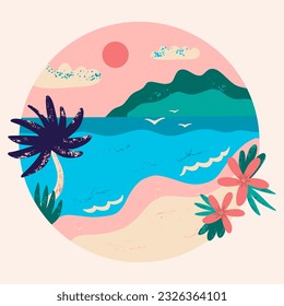 Tropical sunset. Retro surf and beach background. Vintage beach print. Vector design template for logo, pin, print for t shirt. 