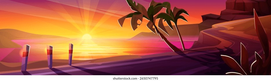 Tropical sunset road with glowing horizon over sea - vibrant pink and orange sky with palm trees and coastal cliffs. Dreamy trip scene for vacation games, travel apps or paradise adventure background.