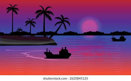 A tropical sunset scene with boats, palm trees, and glowing ocean views is perfect for summer, travel, and nature-themed creative designs.
