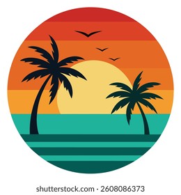 Tropical sunset scene, vibrant color palette, palm trees silhouettes, circular composition, stylized illustration
