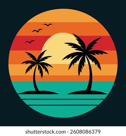 Tropical sunset scene, vibrant color palette, palm trees silhouettes, circular composition, stylized illustration