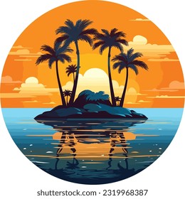 Tropical sunset with sea, island, palm trees and wonderful evening sky with clouds - vector illustration