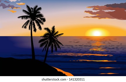 Tropical sunset at sea, palm trees and red clouds, vector illustration