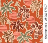 Tropical sunset seamless pattern with silhouettes of palm trees. Red summer vacation print with background of the setting sun, jungle plant Hand-drawn textile design, wallpaper in collage style Vector