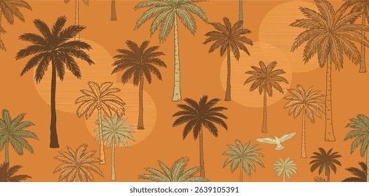 Tropical sunset seamless pattern with silhouettes of palm trees. Red summer vacation print with background of the setting sun, jungle plant Hand-