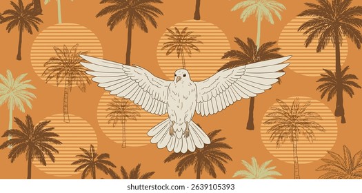 Tropical sunset seamless pattern with silhouettes of palm trees. Red summer vacation print with background of the setting sun, jungle plant Hand-