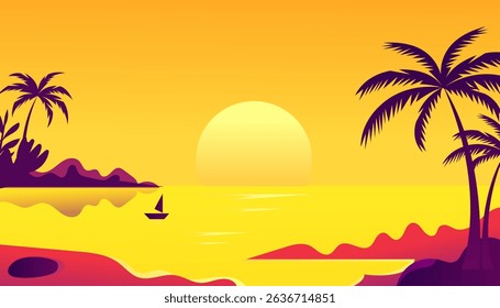 Tropical Sunset Seascape Palm Trees, Ocean, Sailboat, Beach