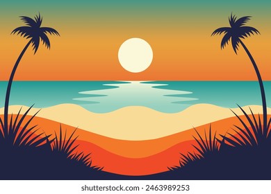 Atardecer tropical Serenidad, fondo de verano. Ilustración vectorial.