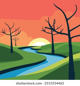 Tropical Sunset Serenity, summer background. Vector illustration.